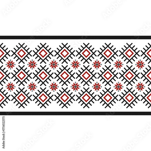 Ethnic geometric embroidery pattern, black and  red decorative design