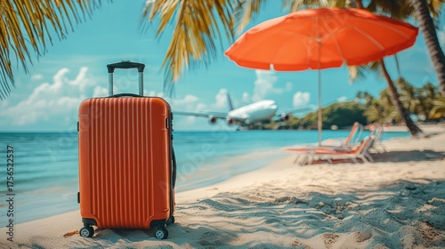 Tropical Beach Getaway - Suitcase, Airplane, and Paradise.