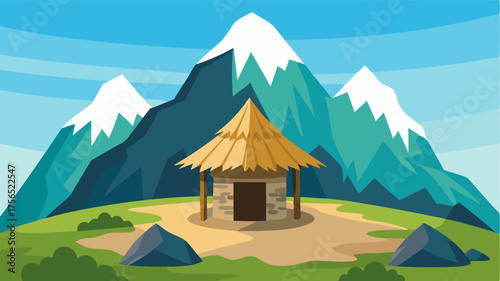 A remote shelter made of stone and thatched roof blending seamlessly with the surrounding landscape of majestic peaks and winding valleys.