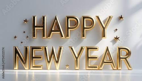 Typography Happy New Year in elegant golden letters on a white wall with a shiny white floor.
