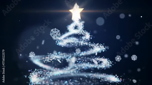 Mesmerizing CGI animation: iridescent silver particles coalesce to form a majestic Christmas tree with a pulsing golden star, against a midnight blue winter sky with falling snowflakes. Holiday