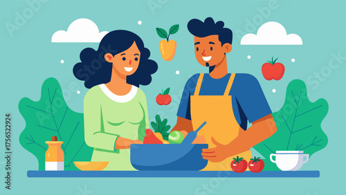 A couple cooking a healthy meal together using the time to bond and also nourish their bodies with nutritious food.. Vector illustration