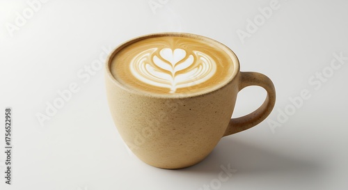 A freshly made hot latte with beautiful milk foam art in a rustic ceramic mug on a white table