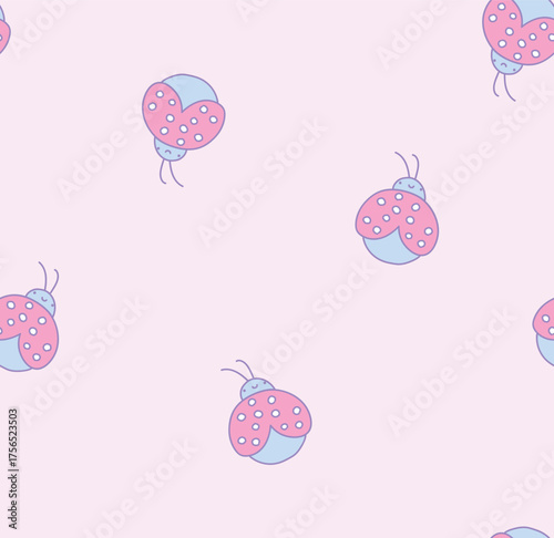 Seamless pattern with ladybird, insect vibes, garden, textile pattern, for fabric, for wrapping paper, pink background on soft pink