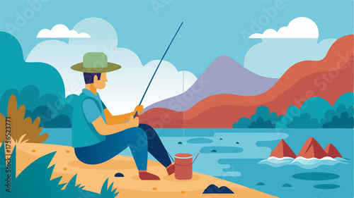 A lone fisherman taking a break from casting his line to enjoy a simple meal on the riverbank.