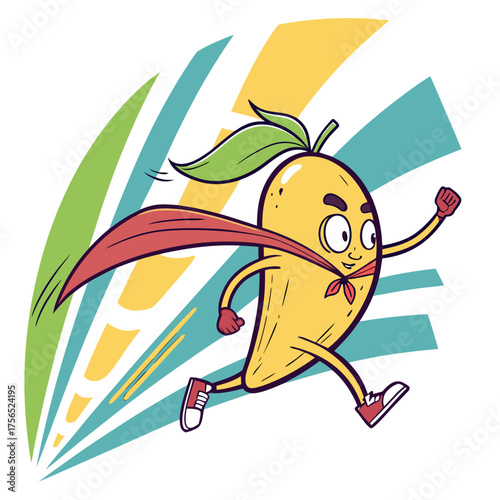 Super Mango running fast with cape and sneakers, happy fruit cartoon character with healthy energy burst