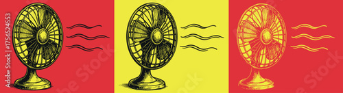 Vintage electric fan illustration in pop art style, yellow and red background, retro aesthetic, summer breeze concept, detailed line art, artistic poster design