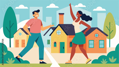 A couple taking a stroll through their neighborhood stopping to do a few jumping jacks and stretches along the way.. Vector illustration