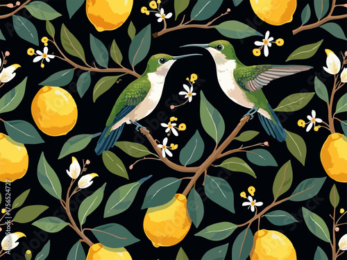 Vector floral pattern with white flowers, lemon fruits, 
leaves, hummingbird on branch on black background. Summer tropical print. Fashionable ornament for paper, women clothing, fabric, textiles.