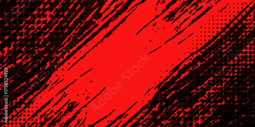 Textured background of black grunge brush strokes and mixed dots on a red background