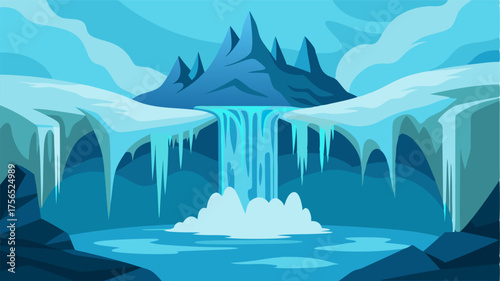 A once flowing waterfall now frozen in stillness its icy structure resembling a frozen dragons breath.