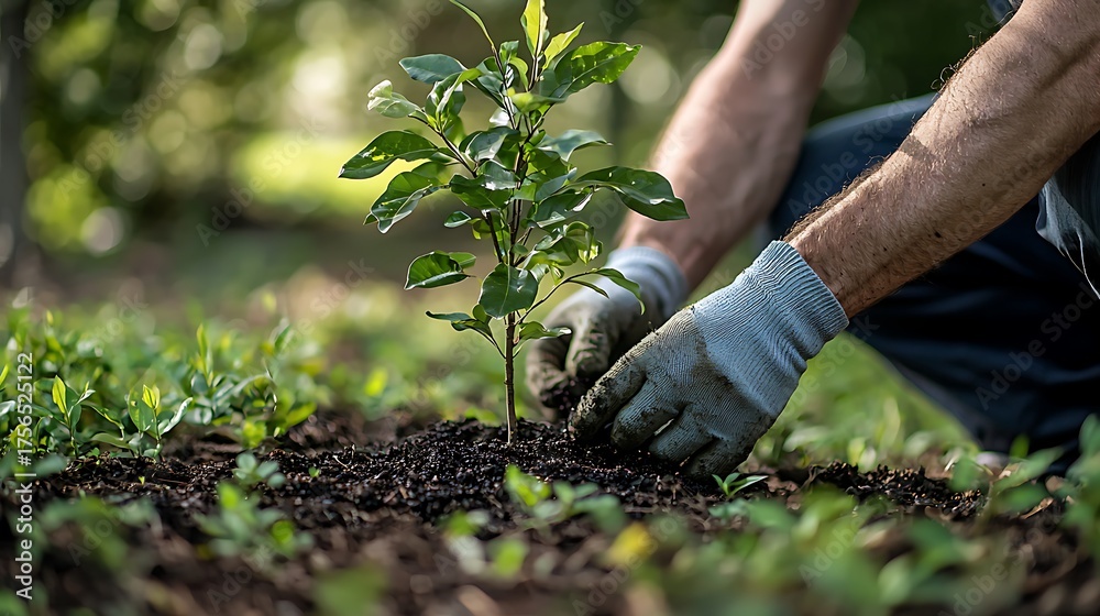 Fototapeta premium Person planting a small tree in fertile soil with gloved hands, close-up view.