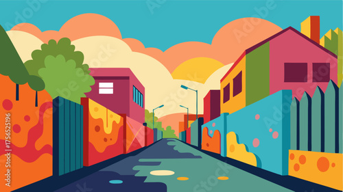 A neighborhood known for its street art where every corner wall and fence is a canvas for talented artists to share their messages and visions.