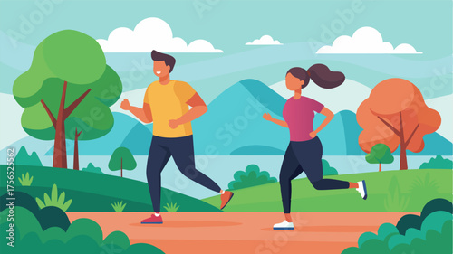 A couple taking a leisurely jog through a scenic park enjoying the beauty of nature and the health benefits of exercise without pushing themselves too hard.. Vector illustration