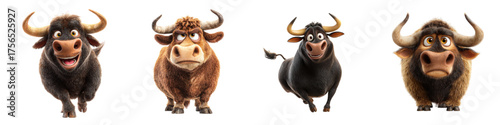 Adorable cartoon bulls with expressive faces, perfect for children's books, animated series, and farm-themed designs, adding a touch of humor and playful charm