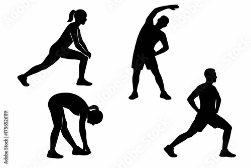 Set of four black vector silhouettes of men and women warming up and stretching before running, athletic and natural poses.