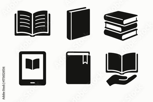 Set of six black vector flat icons of books and reading, including open books, e-books, and study symbols for education or library design.