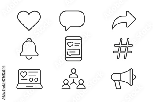 Collection of 9 linear icons about digital communication and content creation, featuring smartphones, hashtags, and marketing tools.