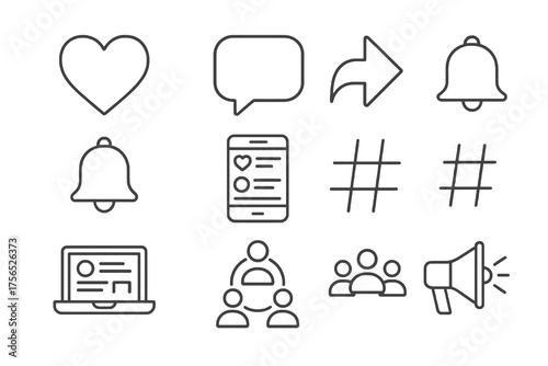 Set of 9 thin line editable icons for social media engagement, including likes, comments, shares, and online interaction symbols.