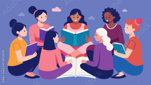 A book club discussing literature on body positivity and acceptance creating a safe space for open and meaningful conversations.. Vector illustration