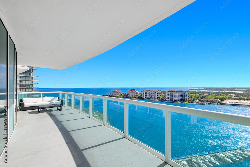 Fototapeta premium View from luxury balcony on Fisher Island and Miami Beach South Pointe park