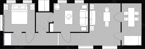 Small apartment floor plan, compact layout, bedroom bathroom kitchen living design, furniture arrangement, vector illustration, CAD drawing flat vector illustration