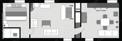 Compact apartment floor plan, efficient layout, bedroom bathroom kitchen design, furniture arrangement, vector illustration, CAD drawing flat vector illustration