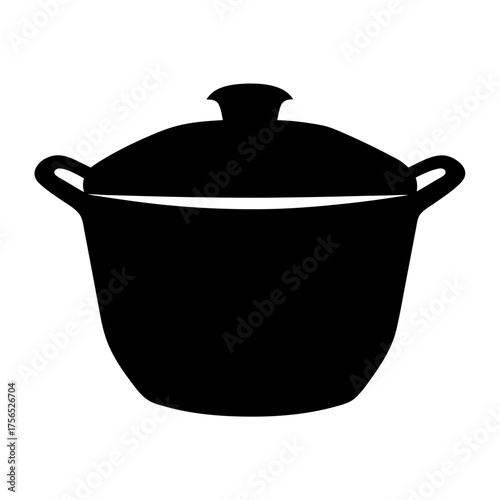 Black silhouette illustration of a covered cooking pot with handles and lid knob