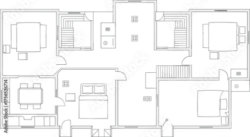 Residential house floor plan, five bedroom layout, central hallway design, furniture arrangement, vector illustration, CAD drawing flat vector illustration