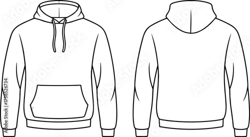 Hooded sweatshirt flat sketch, front and back view, kangaroo pocket hoodie, technical fashion illustration, CAD drawing flat vector illustration