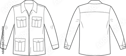 Utility jacket flat sketch, zip front closure, flap pockets, pointed collar, front and back view, CAD drawing flat vector illustration
