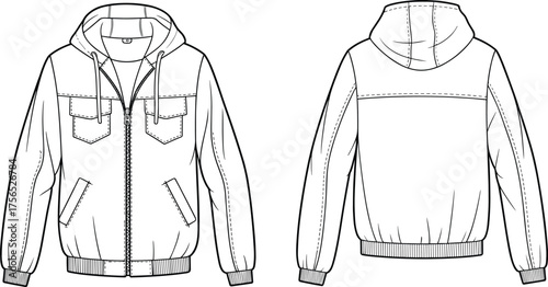 Hooded jacket flat sketch, front and back view, chest flap pockets, technical fashion illustration, vector outline, CAD drawing flat vector illustration