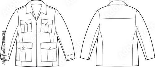 Utility jacket flat sketch, zip front closure, pleated chest pockets, pointed collar, front and back view, CAD drawing flat vector illustration