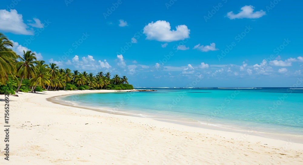 Naklejka premium Idyllic tropical beach with white sand, turquoise water, and lush palm trees under a clear blue sky
