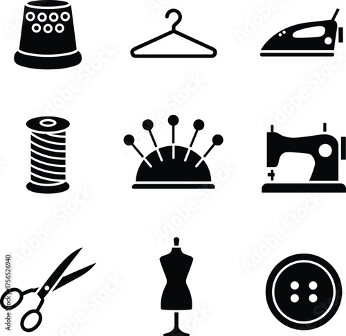 Sewing tailoring icon set, black vector symbols, thimble hanger iron thread pincushion scissors mannequin button, CAD drawing flat vector illustration