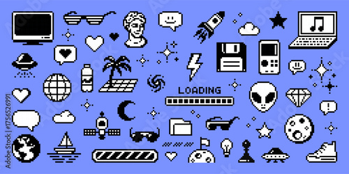 Pixel art y2k vector collection with technology, space, nature, and pop culture icons. Retro game style design for nostalgic projects.