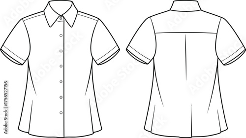 Short sleeve button-up shirt flat sketch, pleated back yoke, flared hem, front and back view, CAD drawing flat vector illustration