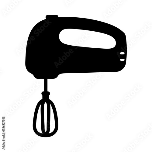 Black and white silhouette of a vintage electric hand mixer appliance