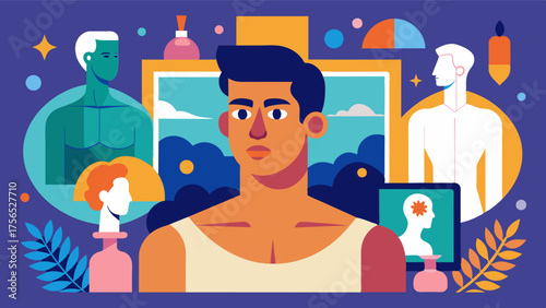 A communitywide art exhibit showcasing photography paintings and sculptures that challenge traditional notions of male beauty and promote selfacceptance.. Vector illustration