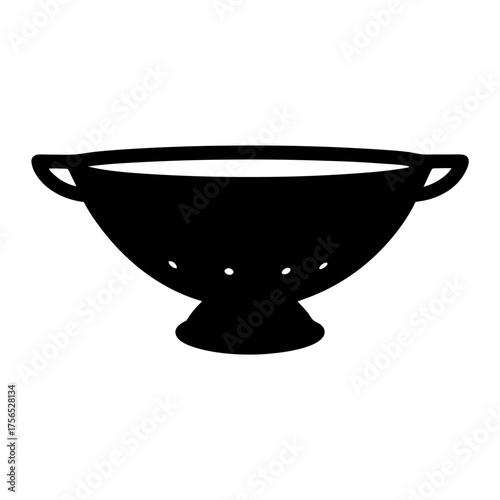 Monochrome vector graphic of a colander with a stand and two handles