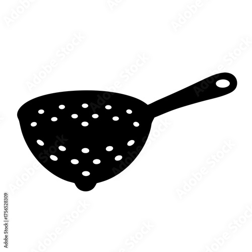 Monochrome illustration of a kitchen colander or strainer with handle and holes