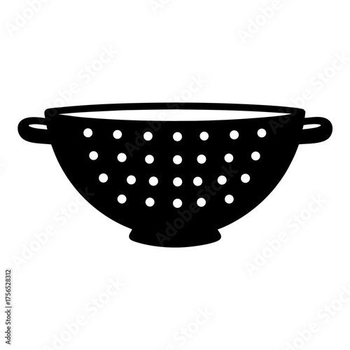Black and white graphic illustration of a colander with circular holes