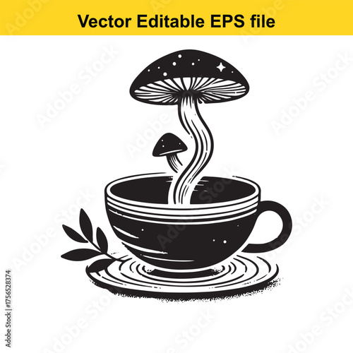 vector art of black and white illustration of mushrooms growing from a teacup, symbolizing nature, fantasy, or a whimsical beverage