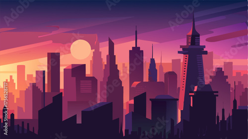 Amidst the ling lights and shadows the citys skyline at dusk evokes a sense of tranquility and awe.