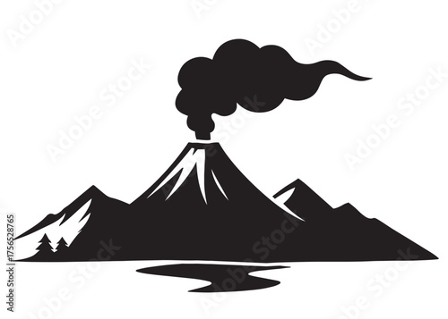 Erupting Volcano Silhouette — Volcano with Smoke & Reflection Vector (SVG/PNG) | Lava Eruption Decal & Nature Art