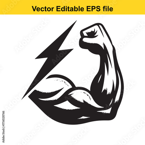 vector art of powerful flexing arm muscle with a lightning bolt symbol