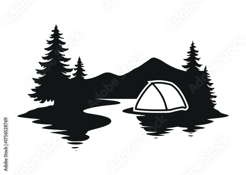 Camping Lake Silhouette — Tent, Pine Trees & Mountain Reflection Vector (SVG-PNG) , Outdoor Camping Decal