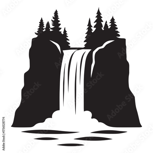 Waterfall Silhouette Vector — Pine Forest Waterfall Clipart (Black & White) — Scenic Landscape SVG for Logos, T-Shirts & Wall Art