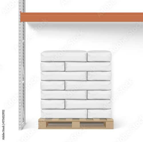 Heavy bag mockups for chemical products on wooden pallet in warehouse storage system. High realistic vector illustration isolated on white background. Ready for use in presentation, promo. EPS10.