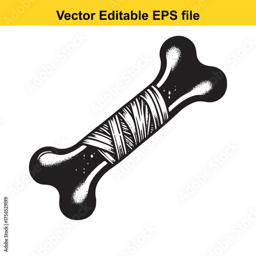 Vsai vector art of a black and white illustration of a dog bone wrapped with twine, isolated on a